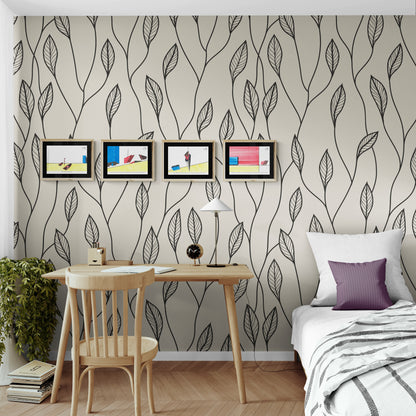 Affiches BD architecture 4 cases alignées au-dessus d'un bureau dans une chambre avec papier peint