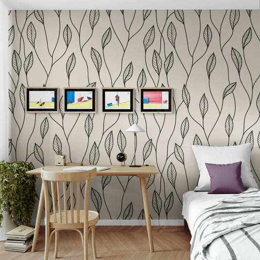 Affiches BD architecture 4 cases alignées au-dessus d'un bureau dans une chambre avec papier peint