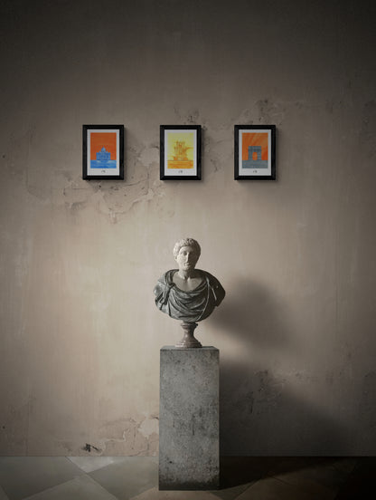 affiches de monuments romains au-dessus d'un buste d'empereur romain 