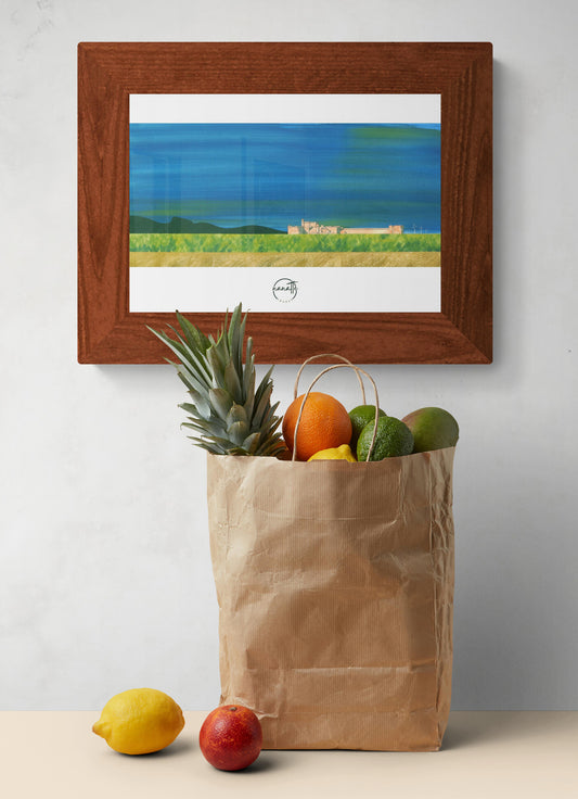 Affiche picturale paysage architecture de France au-dessus d'un sac en papier avec courses et fruits