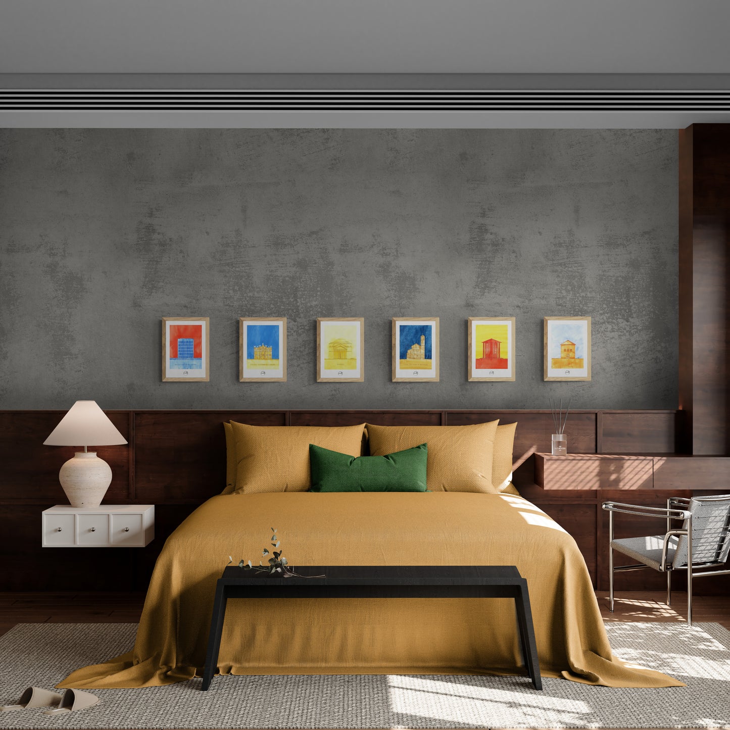 Six affiches picturales colorées de monuments romains au-dessus d'un lit dans une chambre d'hôtel élégante