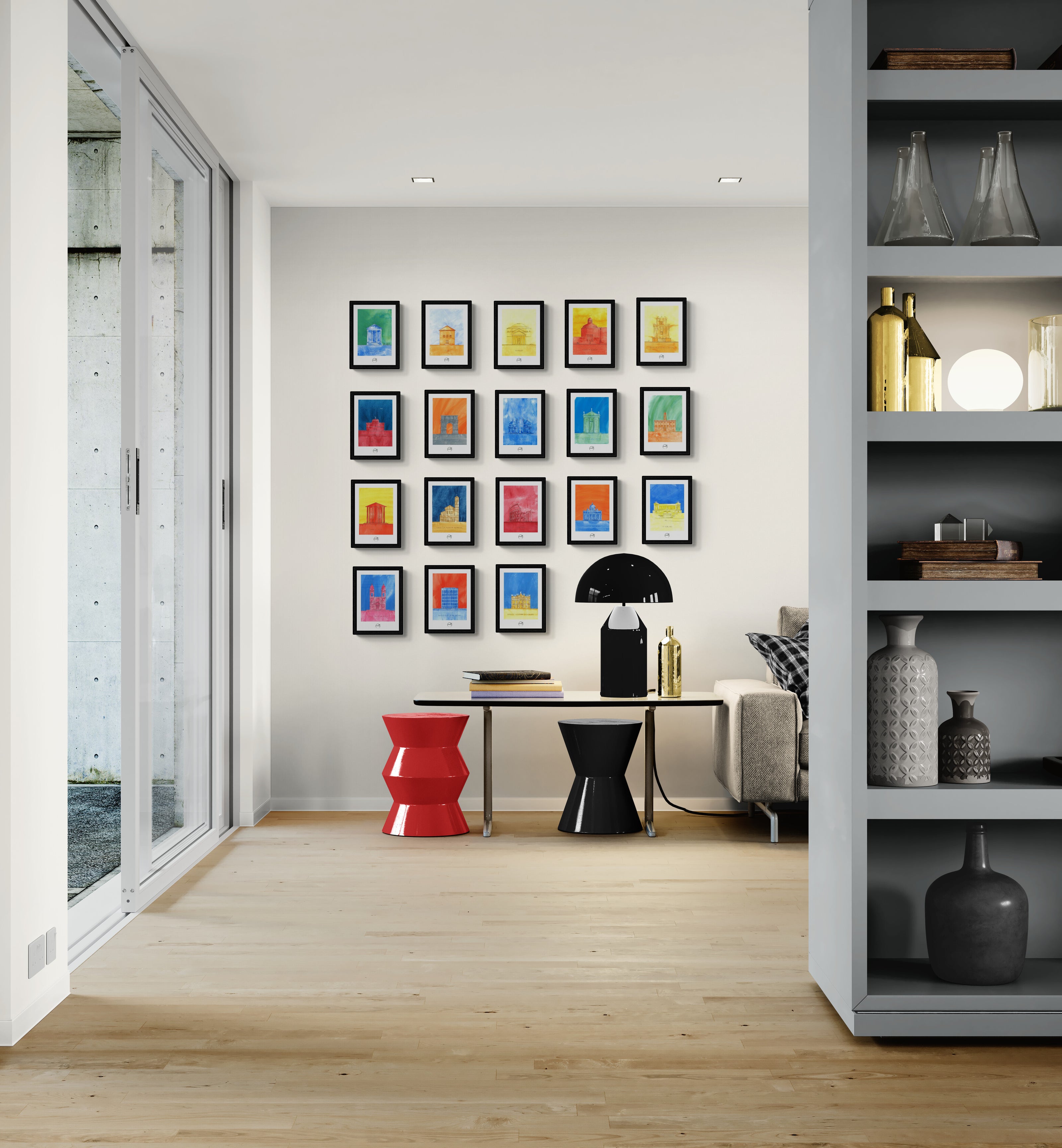 Collection de 18 affiches picturales colorées de monuments romains sur le mur d'un bureau design