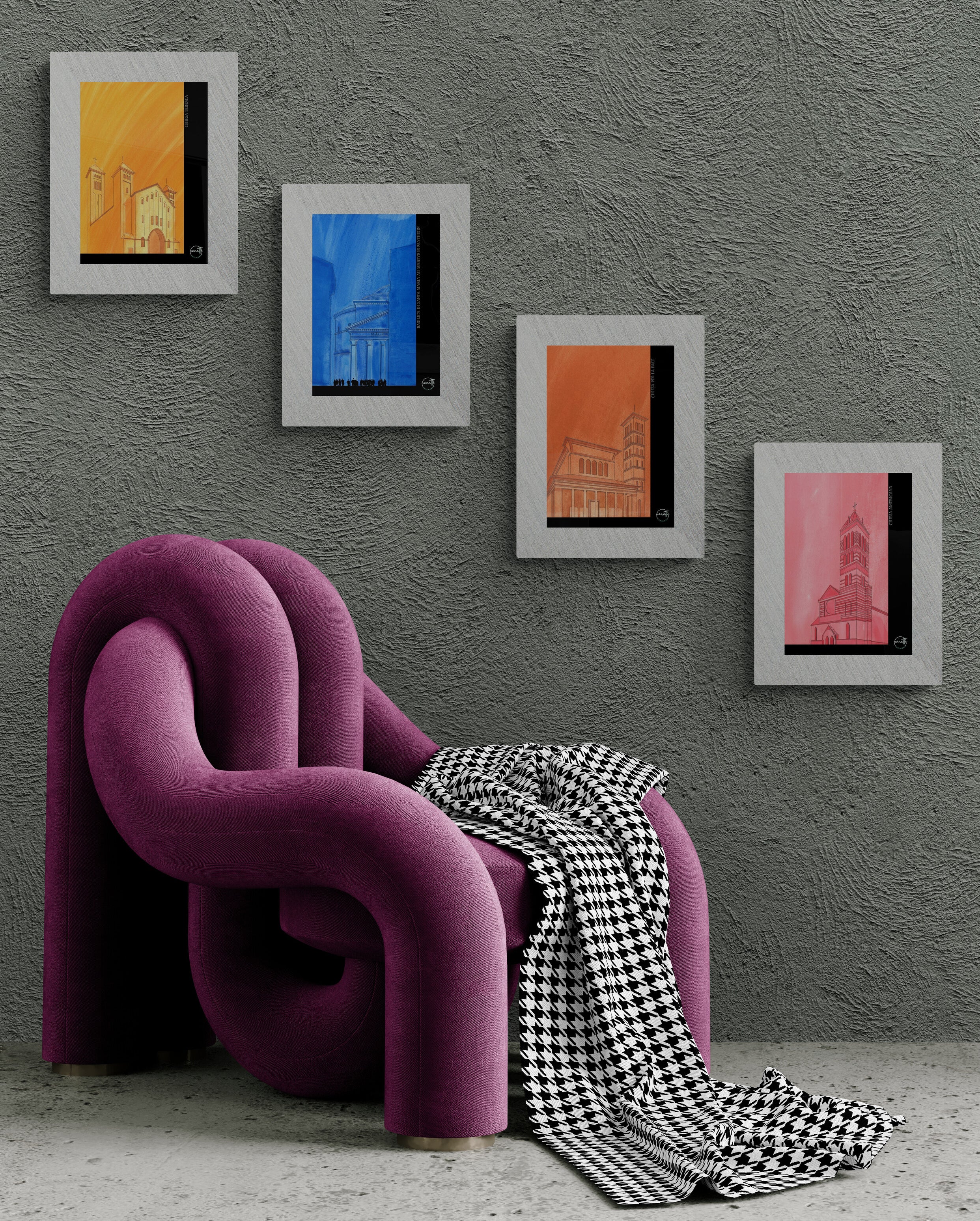 Collection de 4 affiches picturales d' églises de Rome au-dessus d'un fauteuil design velours violet