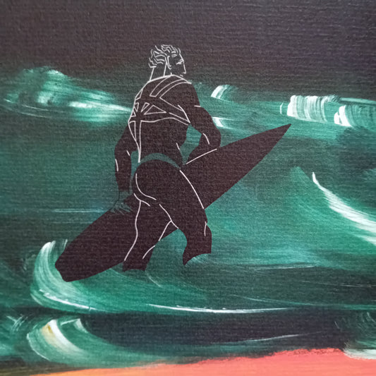 dessin d'un surfeur dans les vagues la nuit