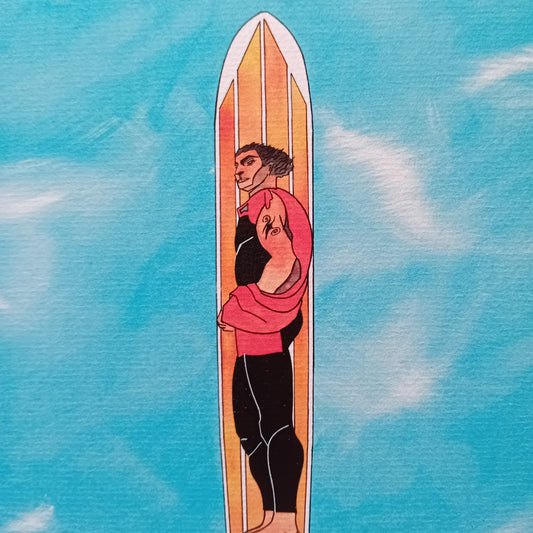 dessin d'un surfeur polynésien tatoué a