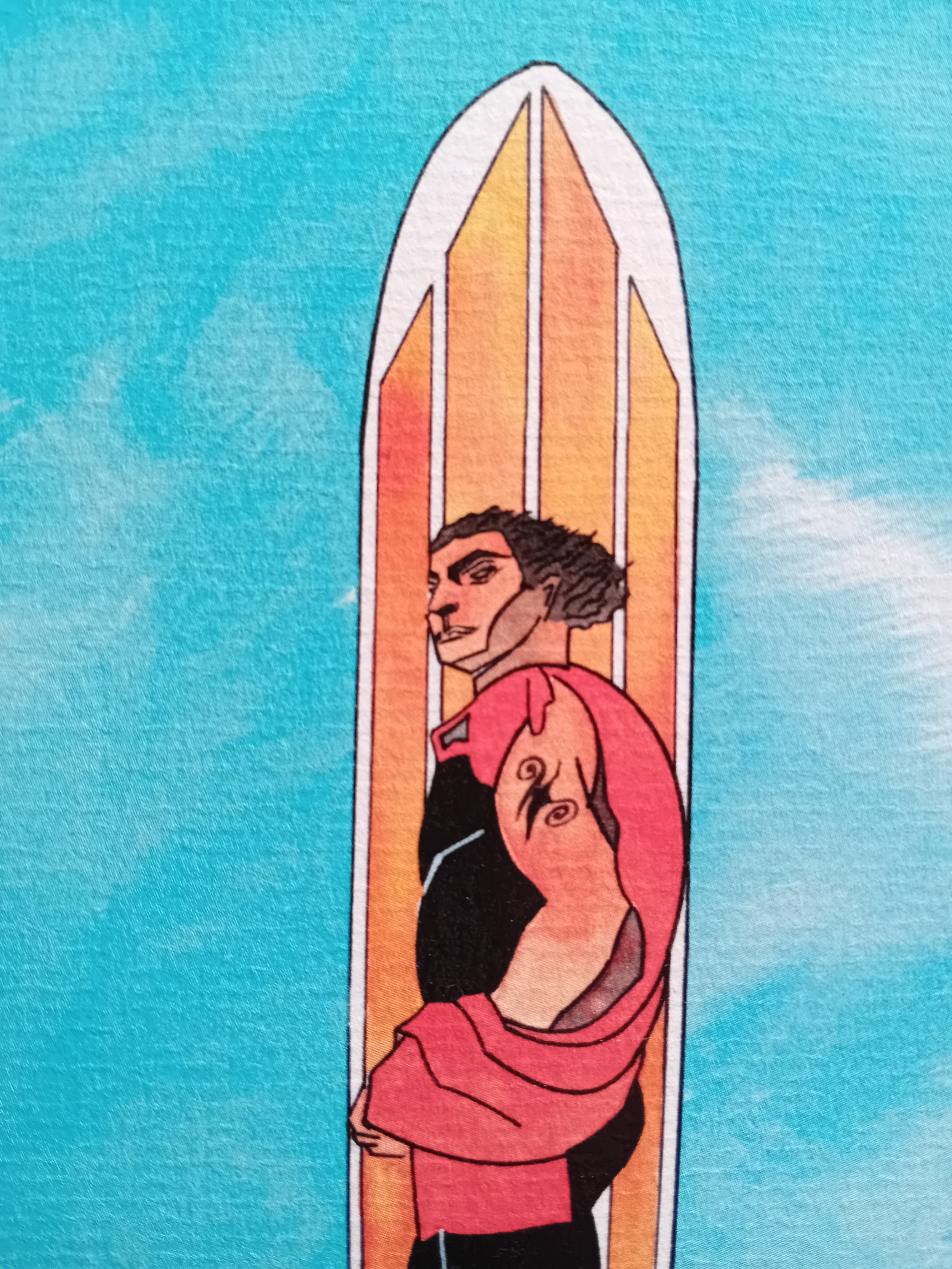 Détail affiche picturale surfeur polynésien avec  un tatouage et sa planche de surf en bois