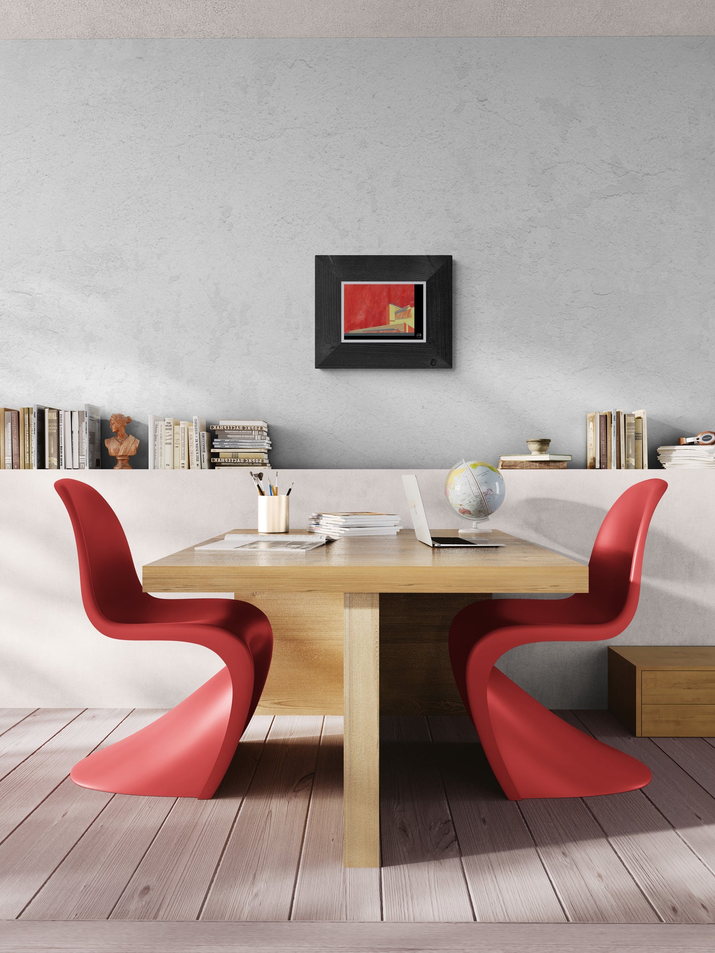 Affiche picturale perspective Rome devant une grande table en bois et un fauteuil design rouges