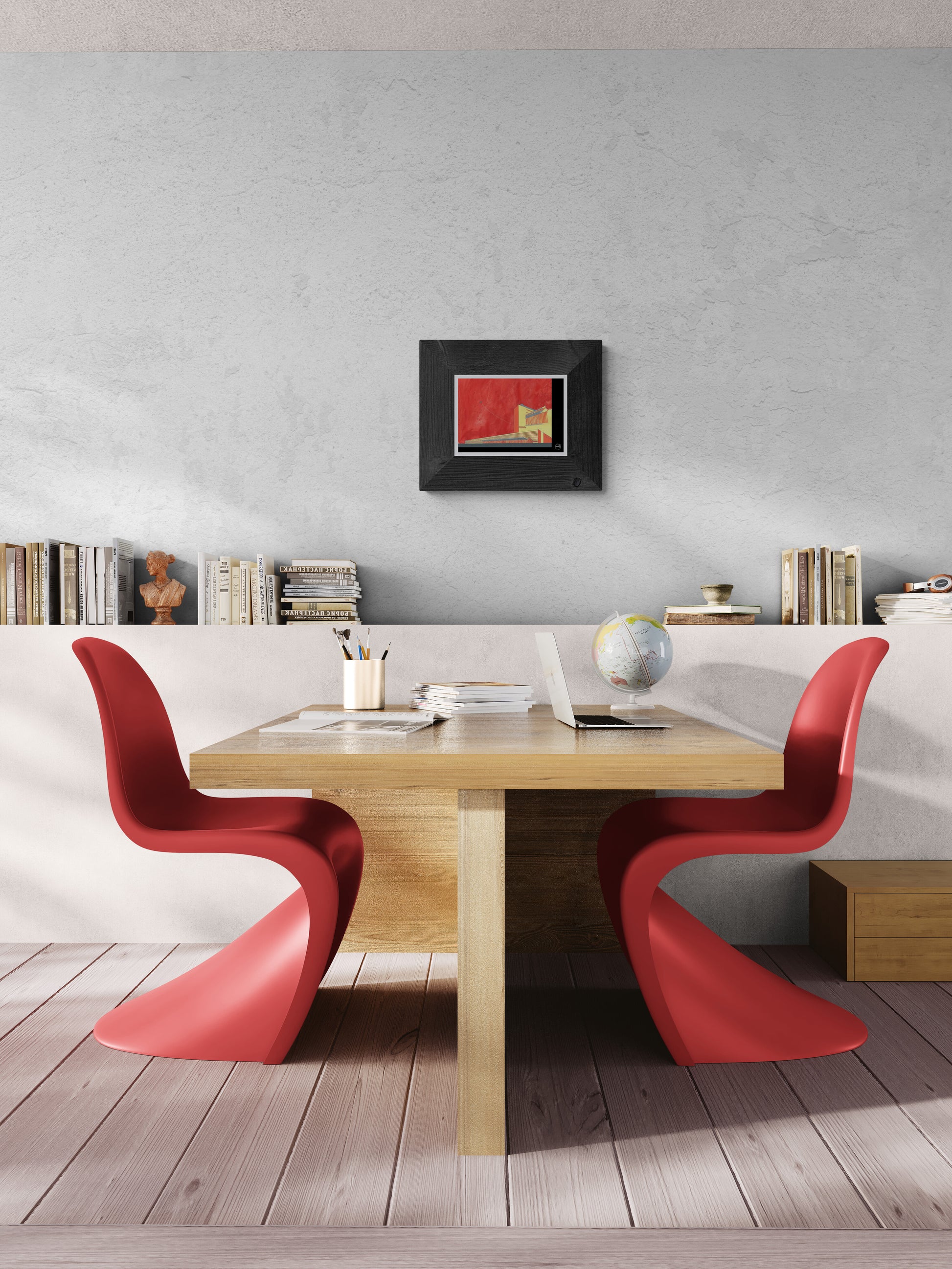 Affiche picturale perspective Rome devant une grande table en bois et un fauteuil design rouges
