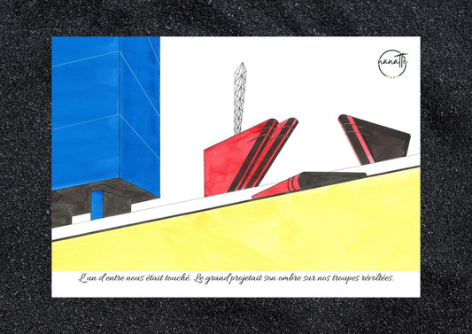 Affiche artistique d'architecture représentant de petits bâtiments design couchés au pied d'un immeuble massif ancien