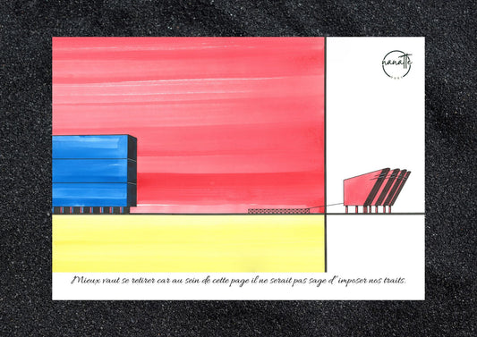 Affiche artistique d'architecture montrant de petits bâtiments design quittant le cadre où se trouve un immeuble ancien