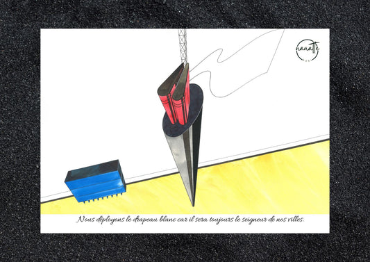 Affiche artistique d'architecture montrant des petits bâtiments design réfugiés en haut d'un pilier avec un drapeau blanc, observant un immeuble ancien en contrebas. 