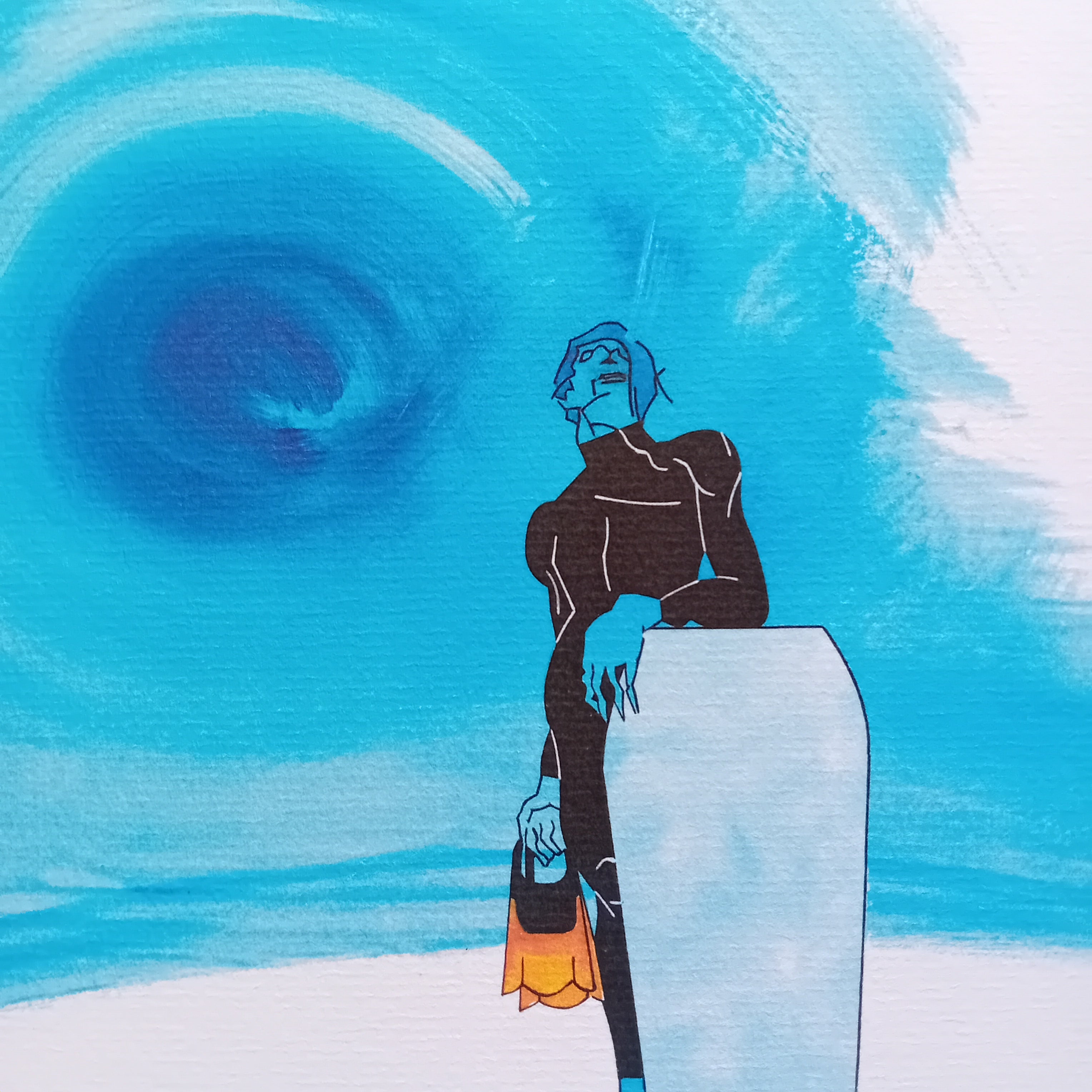 gros plan sur affiche artistique d'un bodyboarder avec palmes et bodyboard devant un tube d'eau