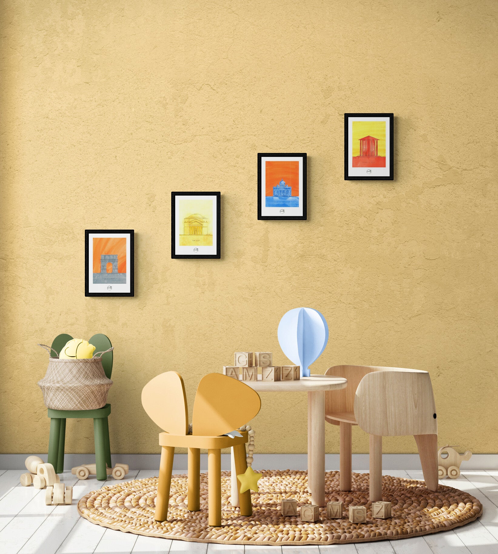 4 affiches picturales colorées de monuments romains dans un espace de jeux pour enfants