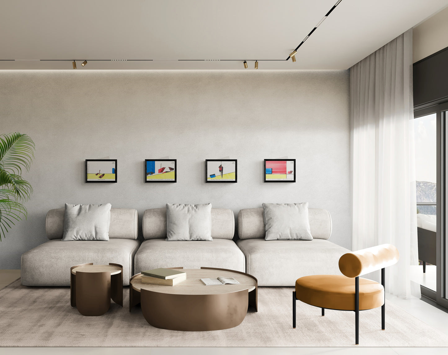 Affiches BD d'architecture en 4 cases au-dessus d'un canapé blanc dans un salon moderne